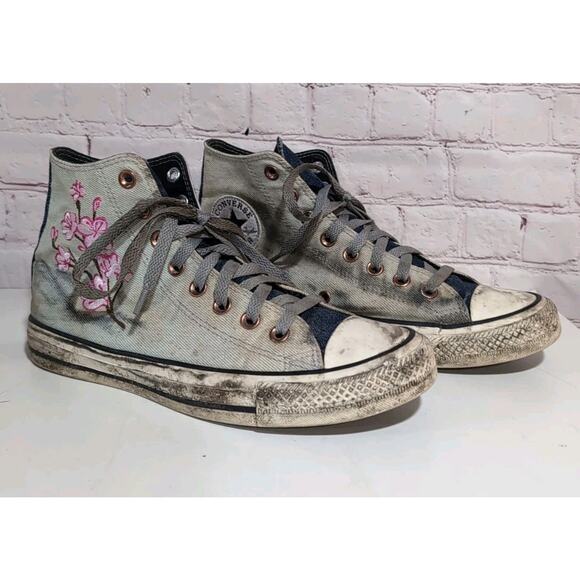 Size 9 - Converse Chuck High Top Denim Cherry Blossom Goth Zombie Custom Shoe - Picture 1 of 15